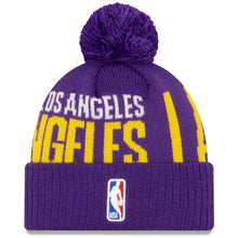 Load image into Gallery viewer, Los Angeles Lakers New Era NBA 2019 Tip Off Cuffed Pom Knit Hat Purple/Yellow Crown/Visor Team Color Logo