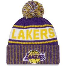 Load image into Gallery viewer, Los Angeles Lakers New Era NBA Cuffed Pom Knit Beanie Hat White/Yellow/Purple Crown/Visor Team Color Logo (Knit Marl)