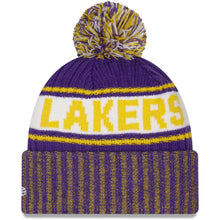 Load image into Gallery viewer, Los Angeles Lakers New Era NBA Cuffed Pom Knit Beanie Hat White/Yellow/Purple Crown/Visor Team Color Logo (Knit Marl)