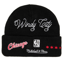 Load image into Gallery viewer, Chicago Bulls Mitchell & Ness NBA Cuffed Knit Beanie Hat Black Crown/Visor Team Color Logo With Patches (Hyper Local)