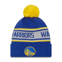Load image into Gallery viewer, Golden State Warriors New Era NBA Cuffed Pom Knit Beanie Hat Royal Blue/White/Yellow Crown/Visor Team Color Logo (Repeat)