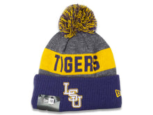 Load image into Gallery viewer, LSU Tigers New Era NCAA Cuffed Pom 2016 Sideline Knit Hat Team Color Gray/Yellow/Navy Crown/Cuff White/Yellow Logo