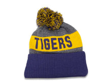Load image into Gallery viewer, LSU Tigers New Era NCAA Cuffed Pom 2016 Sideline Knit Hat Team Color Gray/Yellow/Navy Crown/Cuff White/Yellow Logo