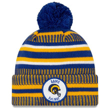 Load image into Gallery viewer, Los Angeles Rams New Era NFL 2019 Sideline Cuffed Pom Knit Hat Royal Blue/Yellow Crown/Visor Team Color Logo