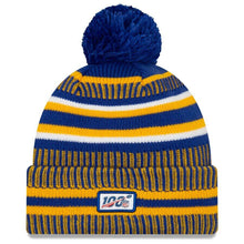 Load image into Gallery viewer, Los Angeles Rams New Era NFL 2019 Sideline Cuffed Pom Knit Hat Royal Blue/Yellow Crown/Visor Team Color Logo