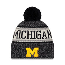 Load image into Gallery viewer, Michigan Wolverines New Era NCAA Cuffed Pom Knit Hat Black/White/Gray Crown/Visor Yellow Logo (2018 Sideline)