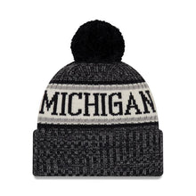 Load image into Gallery viewer, Michigan Wolverines New Era NCAA Cuffed Pom Knit Hat Black/White/Gray Crown/Visor Yellow Logo (2018 Sideline)