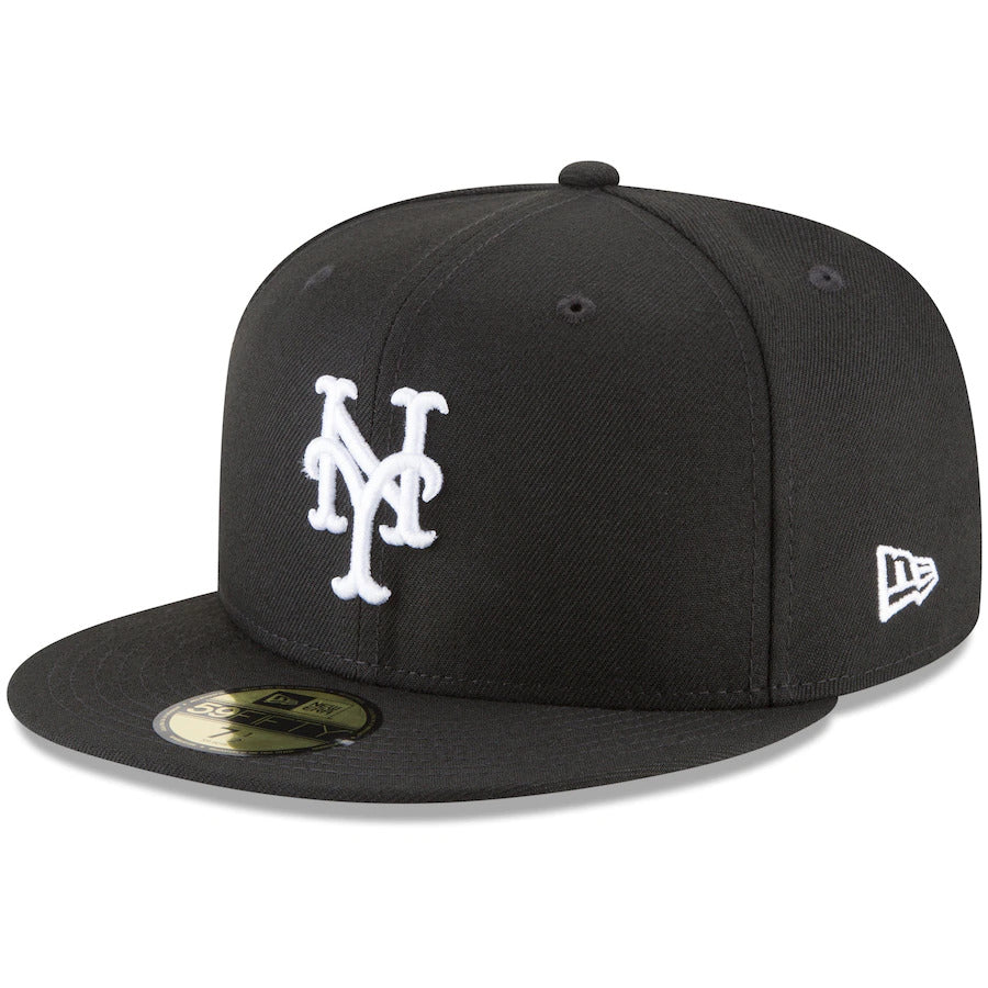 New York Mets New Era MLB 59Fifty 5950 Fitted Cap Hat Black Crown/Visor White Logo
