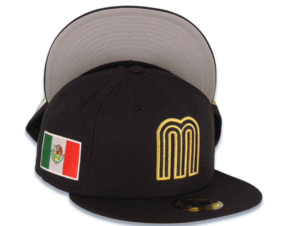 Mexico New Era WBC 59FIFTY 5950 Fitted Cap Hat Black Crown/Visor Black/Metallic Gold Logo Mexico Flag Side Patch Gray UV