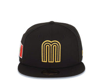 Load image into Gallery viewer, Mexico New Era WBC 59FIFTY 5950 Fitted Cap Hat Black Crown/Visor Black/Metallic Gold Logo Mexico Flag Side Patch Gray UV
