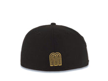 Load image into Gallery viewer, Mexico New Era WBC 59FIFTY 5950 Fitted Cap Hat Black Crown/Visor Black/Metallic Gold Logo Mexico Flag Side Patch Gray UV
