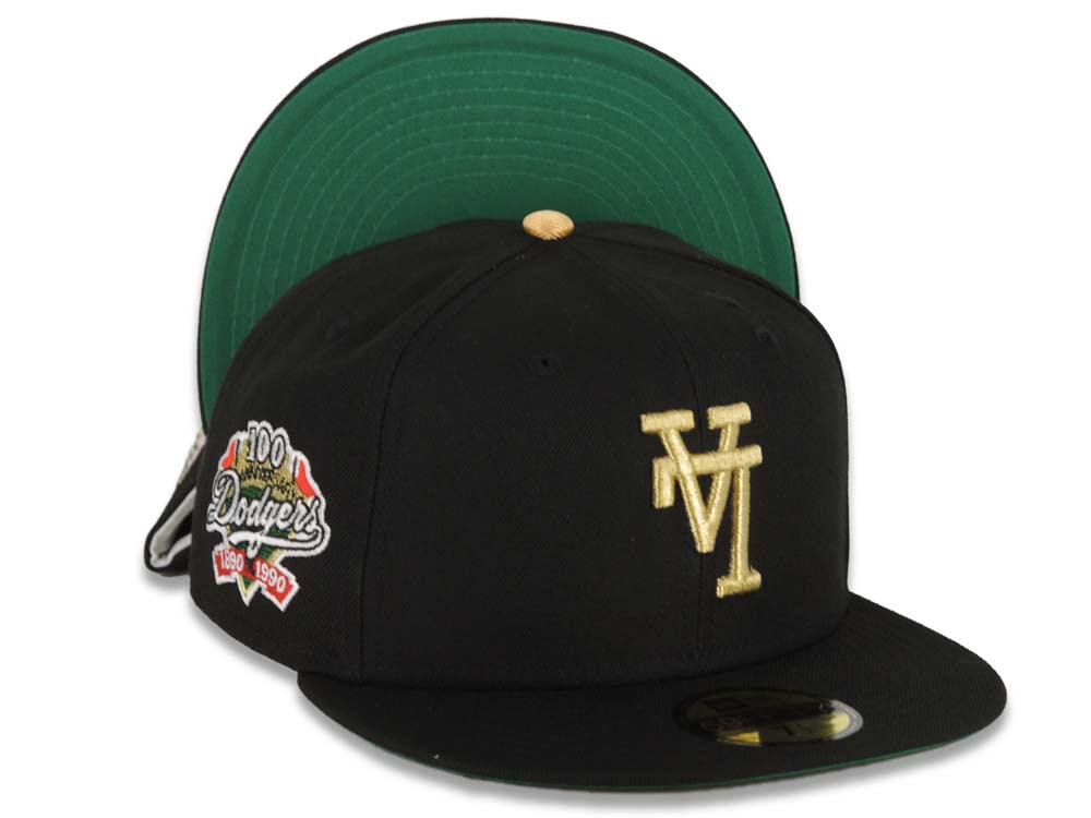 Los Angeles Dodgers New Era MLB 59FIFTY 5950 Fitted Cap Hat Black Crown/Visor Metallic Gold Upside Down Logo 100th Anniversary Side Patch Green UV