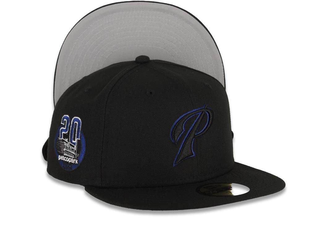 San Diego Padres New Era MLB 59FIFTY 5950 Fitted Cap Hat Black Crown/Visor Black/Dark Royal P Logo Petcopark 20 Year Side Patch Gray UV