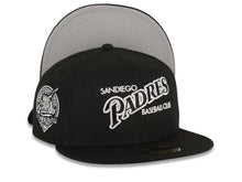 Load image into Gallery viewer, San Diego Padres New Era MLB 59FIFTY 5950 Fitted Cap Hat Black Crown/Visor Black/White Baseball Club Logo Petco Park 20 Years Side Patch Gray UV
