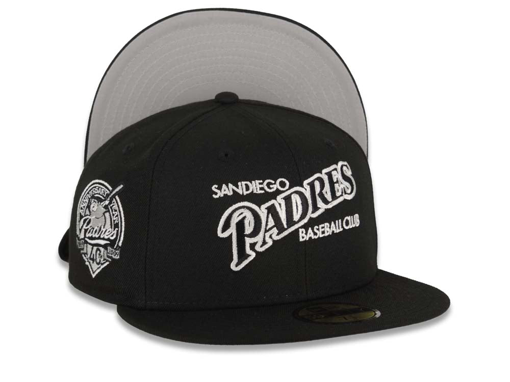 San Diego Padres New Era MLB 59FIFTY 5950 Fitted Cap Hat Black Crown/Visor Black/White Baseball Club Logo Petco Park 20 Years Side Patch Gray UV