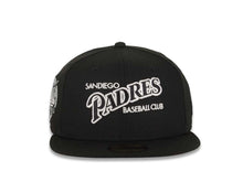 Load image into Gallery viewer, San Diego Padres New Era MLB 59FIFTY 5950 Fitted Cap Hat Black Crown/Visor Black/White Baseball Club Logo Petco Park 20 Years Side Patch Gray UV
