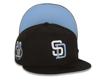 Load image into Gallery viewer, San Diego Padres New Era MLB 59FIFTY 5950 Fitted Cap Hat Black Crown/Visor White/Sky Blue Logo Petco Park 20 Years Side Patch Sky Blue UV
