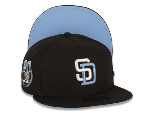 San Diego Padres New Era MLB 59FIFTY 5950 Fitted Cap Hat Black Crown/Visor White/Sky Blue Logo Petco Park 20 Years Side Patch Sky Blue UV