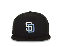 Load image into Gallery viewer, San Diego Padres New Era MLB 59FIFTY 5950 Fitted Cap Hat Black Crown/Visor White/Sky Blue Logo Petco Park 20 Years Side Patch Sky Blue UV
