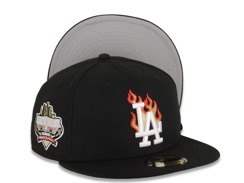 Los Angeles Dodgers New Era MLB 59FIFTY 5950 Fitted Cap Hat Black Crown/Visor White/Metallic Gold/Red Flame Logo 40th Anniversary Side Patch Gray UV