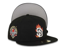 Load image into Gallery viewer, San Diego Padres New Era MLB 59FIFTY 5950 Fitted Cap Hat Black Crown/Visor White/Metallic Gold/Red Flame Logo 40th Anniversary Side Patch Gray UV
