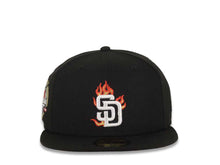 Load image into Gallery viewer, San Diego Padres New Era MLB 59FIFTY 5950 Fitted Cap Hat Black Crown/Visor White/Metallic Gold/Red Flame Logo 40th Anniversary Side Patch Gray UV
