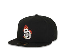 Load image into Gallery viewer, San Diego Padres New Era MLB 59FIFTY 5950 Fitted Cap Hat Black Crown/Visor White/Metallic Gold/Red Flame Logo 40th Anniversary Side Patch Gray UV
