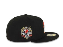 Load image into Gallery viewer, San Diego Padres New Era MLB 59FIFTY 5950 Fitted Cap Hat Black Crown/Visor White/Metallic Gold/Red Flame Logo 40th Anniversary Side Patch Gray UV
