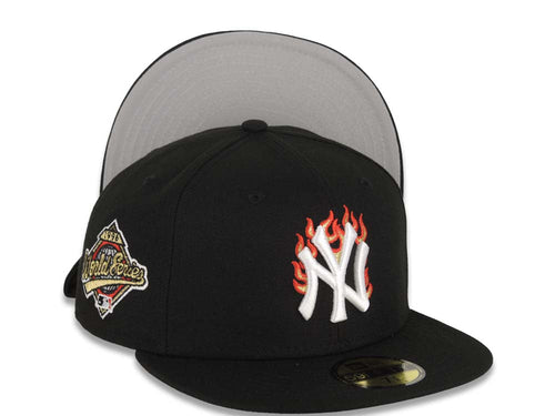 New York Yankees New Era MLB 59FIFTY 5950 Fitted Cap Hat Black Crown/Visor White/Metallic Gold/Red Flame Logo 1996 World Series Side Patch Gray UV