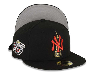 New York Yankees New Era MLB 59FIFTY 5950 Fitted Cap Hat Black Crown/Visor Red/Metallic Gold Empire State Logo 1998 World Series Side Patch Gray UV