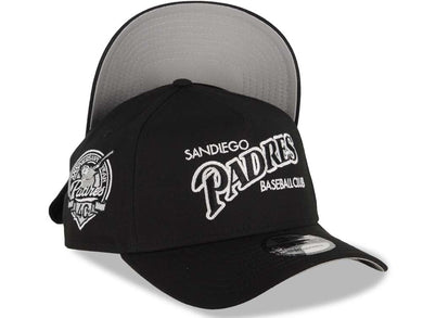 San Diego Padres New Era MLB 9FORTY 940 Adjustable A-Frame Cap Hat Black Crown/Visor Black/White Baseball Club Logo 40th Anniversary Side Patch GrayUV
