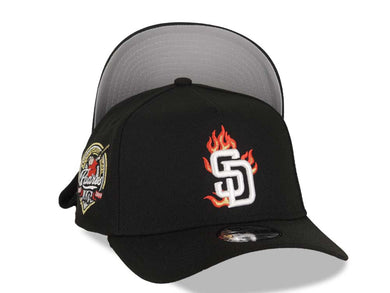 San Diego Padres New Era MLB 9FORTY 940 Adjustable A-Frame Cap Hat Black Crown/Visor White/Metallic Gold/Red Flame Logo 40th Anniversary Side Patch