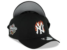 Load image into Gallery viewer, New York Yankees New Era MLB 9FORTY 940 Adjustable A-Frame Cap Hat Black Crown/Visor White/Metallic Gold/Red Flame Logo 1998 World Series Side Patch
