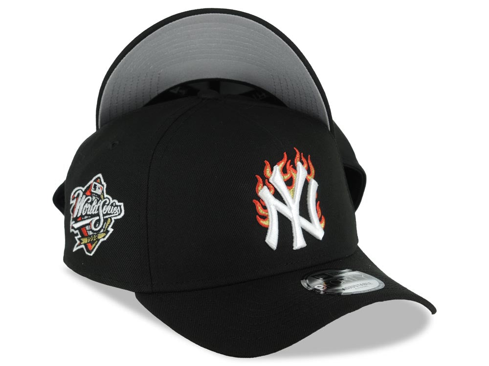 New York Yankees New Era MLB 9FORTY 940 Adjustable A-Frame Cap Hat Black Crown/Visor White/Metallic Gold/Red Flame Logo 1998 World Series Side Patch