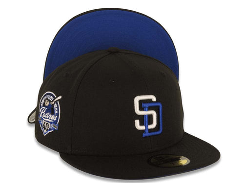 San Diego Padres New Era MLB 59FIFTY 5950 Fitted Cap Hat Black Crown/Visor White/Royal Blue Logo 40th Anniversary Side Patch Royal Blue UV