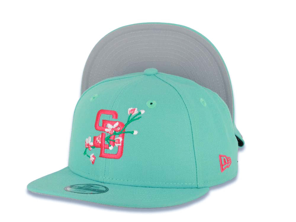 (Youth) San Diego Padres New Era MLB 9FIFTY 950 Kid Snapback Cap Hat Light Teal Crown/Visor Magenta with Rose Logo Gray UV (City Connect Color )