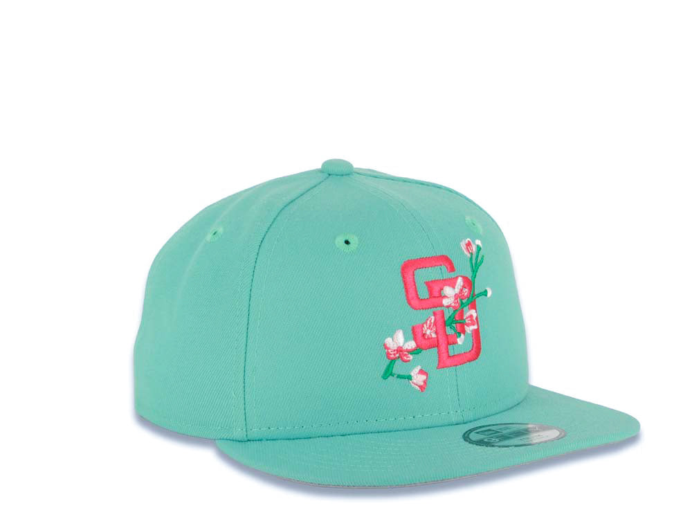 (Youth) San Diego Padres New Era MLB 9FIFTY 950 Kid Snapback Cap Hat Light  Teal Crown/Visor Magenta with Rose Logo Gray UV (City Connect Color )