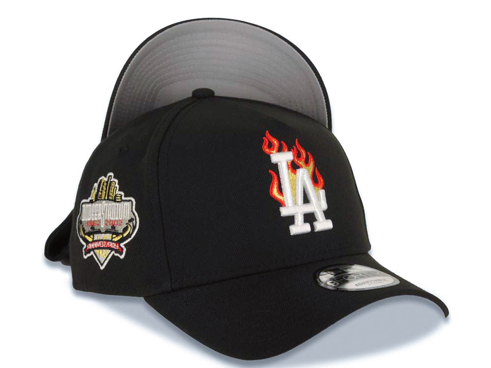 Los Angeles Dodgers New Era MLB 9FORTY 940 Adjustable A-Frame Cap Hat Black Crown/Visor White/Metallic Gold/Red Logo With Fire 40th Anniversary Side Patch