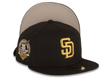 Load image into Gallery viewer, San Diego Padres New Era MLB 59FIFTY 5950 Fitted Cap Hat Black Crown/Visor Metallic Gold Logo 40th Anniversary Side Patch Gray UV
