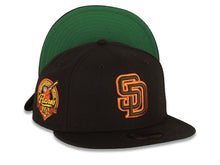 Load image into Gallery viewer, San Diego Padres New Era MLB 59FIFTY 5950 Fitted Cap Hat Black Crown/Visor Brown/Yellow/Orange Logo 40th Anniversary Side Patch Green UV
