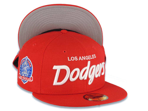 Los Angeles Dodgers New Era MLB 59FIFTY 5950 Fitted Cap Hat Red Crown/Visor White Text/Script Logo 60th Anniversary Side Patch Gray UV