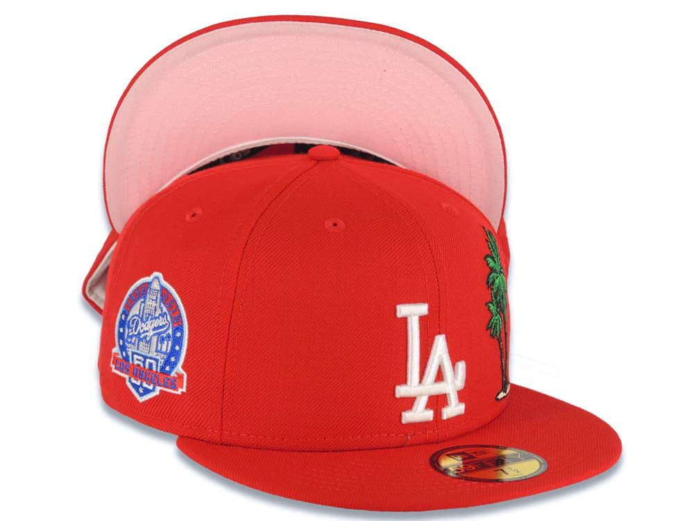 Los Angeles Dodgers New Era MLB 59FIFTY 5950 Fitted Cap Hat Red Crown/Visor White Logo With Palm Tree 60th Anniversary Side Patch Pink UV