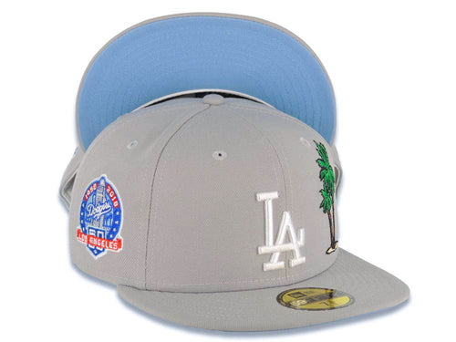 Los Angeles Dodgers New Era MLB 59FIFTY 5950 Fitted Cap Hat Gray Crown/Visor White Logo With Palm Tree 60th Anniversary Side Patch Sky Blue UV