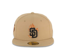 Load image into Gallery viewer, San Diego Padres New Era MLB 59FIFTY 5950 Fitted Cap Hat Khaki Crown/Visor Black Fire/Flame Logo 1992 All-Star Game Side Patch Gray UV
