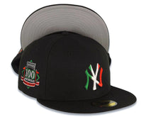 Load image into Gallery viewer, New York Yankees New Era MLB 59FIFTY 5950 Fitted Cap Hat Black Crown/Visor Green/White/Red Logo 100th Anniversary Side Patch
