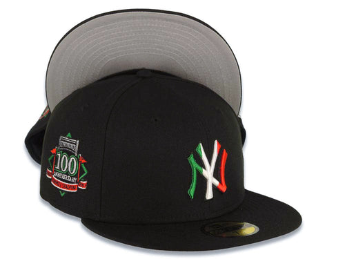 New York Yankees New Era MLB 59FIFTY 5950 Fitted Cap Hat Black Crown/Visor Green/White/Red Logo 100th Anniversary Side Patch