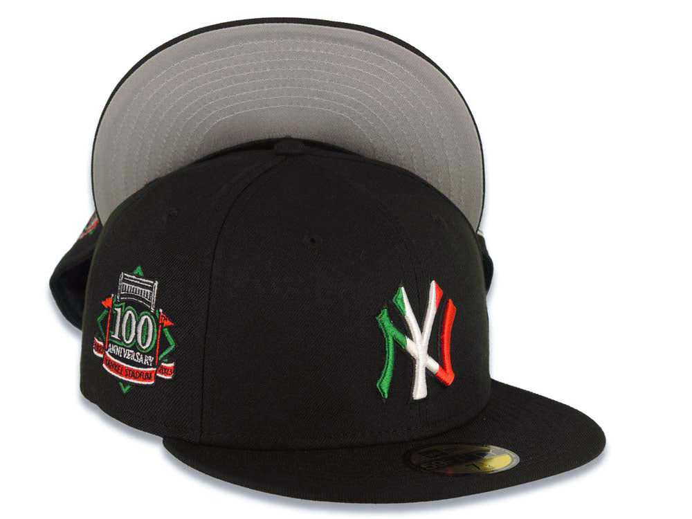 New York Yankees New Era MLB 59FIFTY 5950 Fitted Cap Hat Black Crown/Visor Green/White/Red Logo 100th Anniversary Side Patch