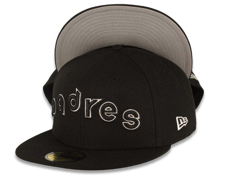 San Diego Padres New Era MLB 59FIFTY 5950 Fitted Cap Hat Black Crown/Visor Black/White Script/Text Logo Gray UV