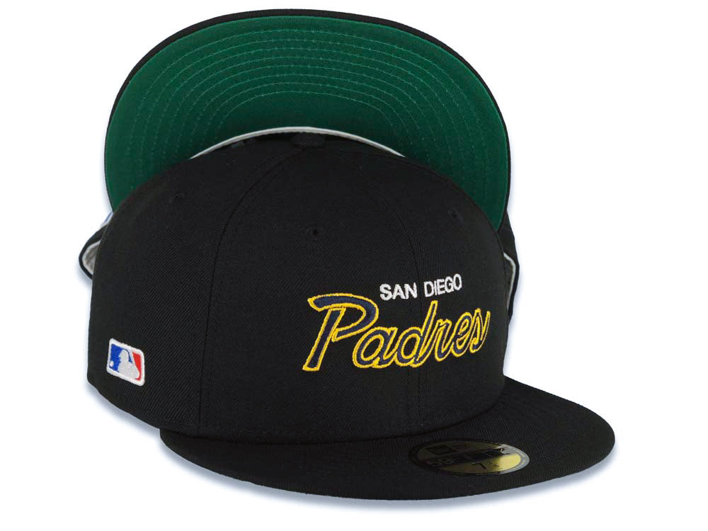 San Diego Padres New Era MLB 59FIFTY 5950 Fitted Cap Hat Black Crown/Visor Navy/Yellow/White Text/Script Logo Batterman Batty Side Patch Green UV