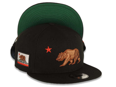 California Republic New Era 9FIFTY 950 Snapback Cap Hat Black Crown/Visor Brown Bear with Red Star Logo California Flag Side Patch Green UV